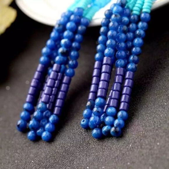 Sea Blue Rhinestone Beaded Tassel Fringe Vintage Gold Dangle Statement Earrings - Picture 7 of 9